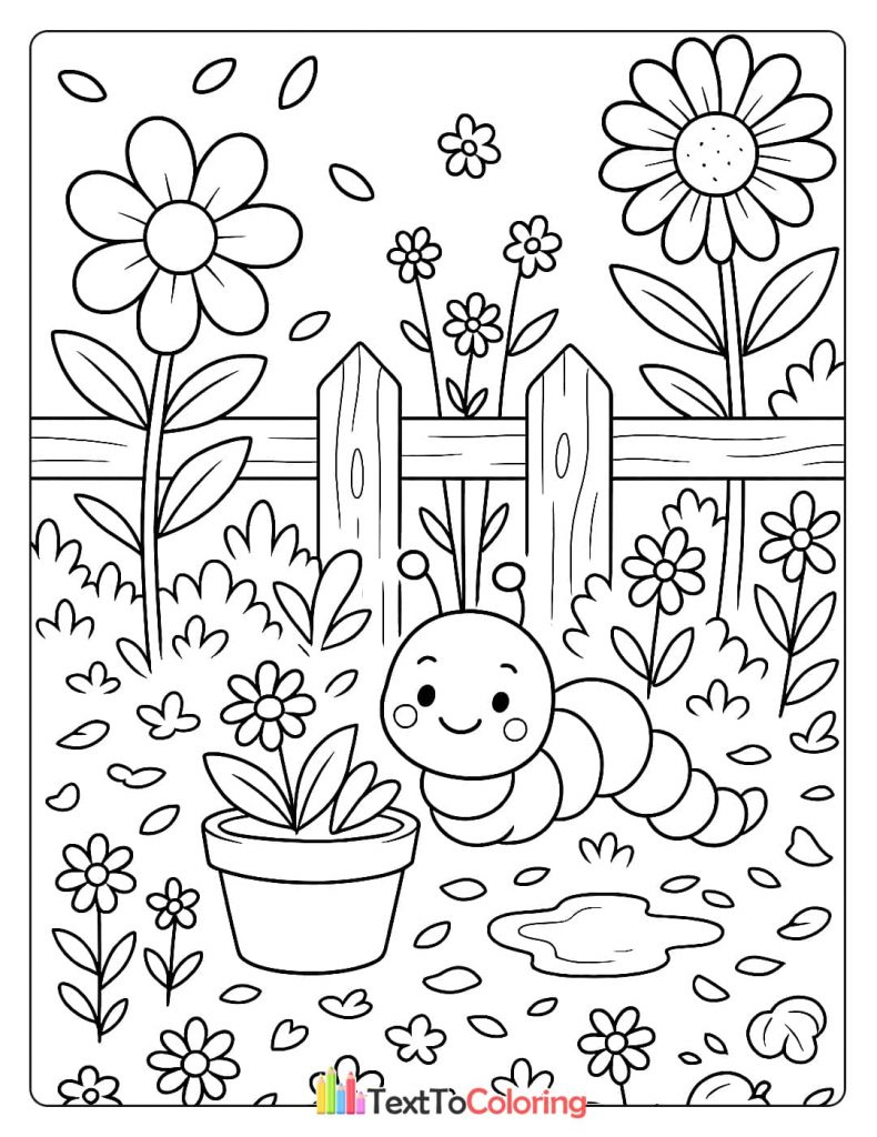 Simple garden coloring page of a smiling caterpillar next to a flowerpot and a fence.