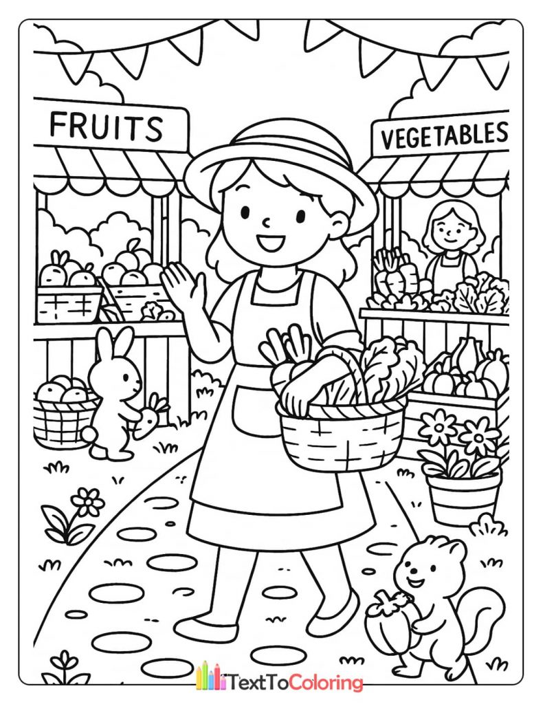 A printable coloring page of a female farmer carrying a basket of vegetables, with her stalls selling fruits and vegetables in the background.
