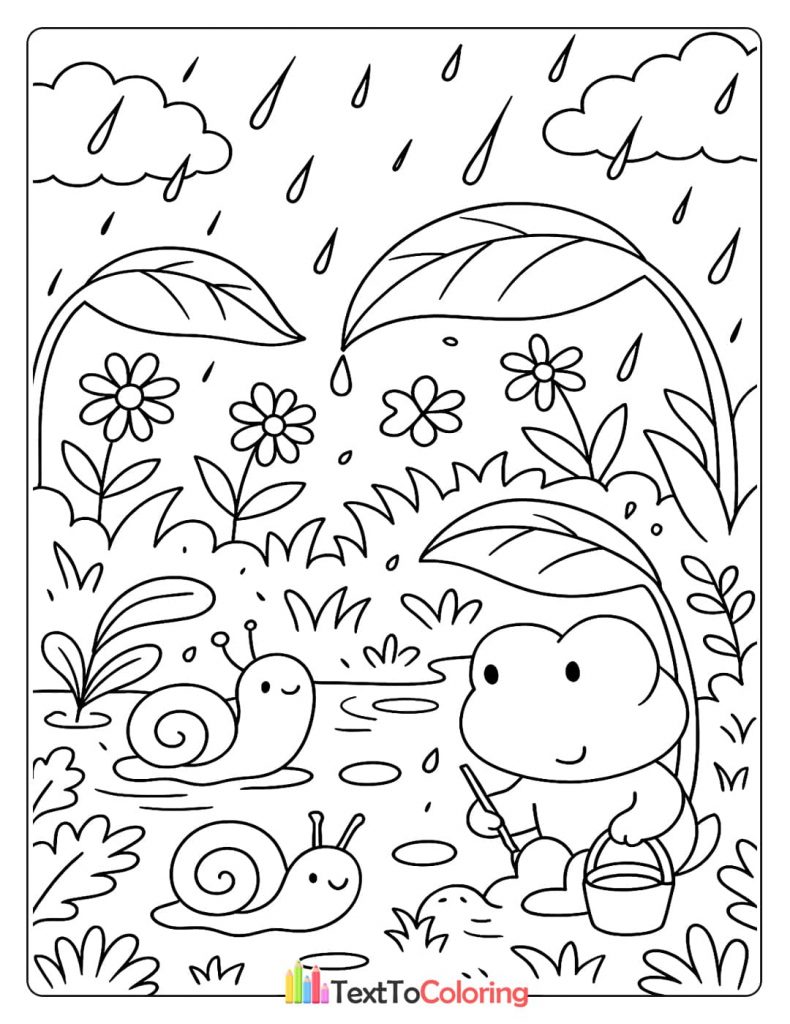 A cute coloring page of a frog with a leaf umbrella and two snails enjoying the rain.