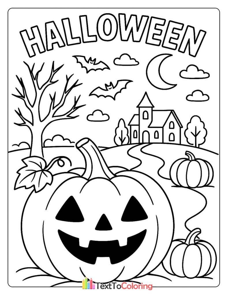 A large smiling jack-o-lantern with a spooky house, bats, and a tree in the background.