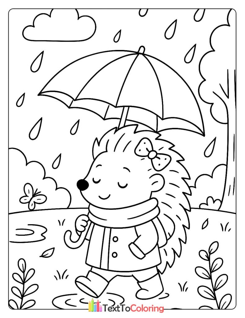 A cheerful hedgehog walking in the rain, holding a polka-dot umbrella, wearing a scarf, coat, and boots.