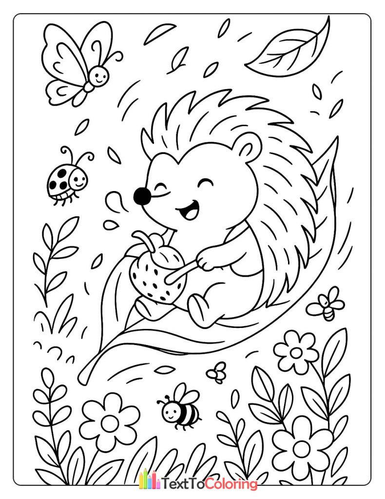 A happy hedgehog sitting on a leaf, surrounded by flowers, a ladybug, and a butterfly.