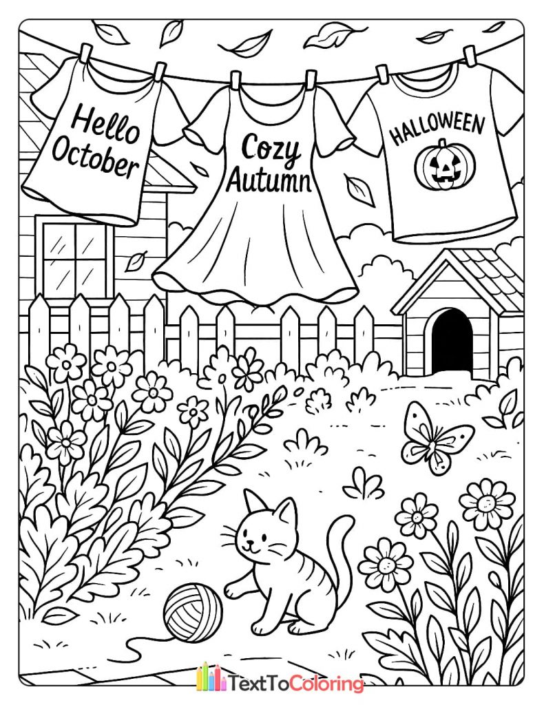 A backyard scene with a cat and a yarn ball. Clothes on a line read "Hello October," "Cozy Autumn," and "Halloween."