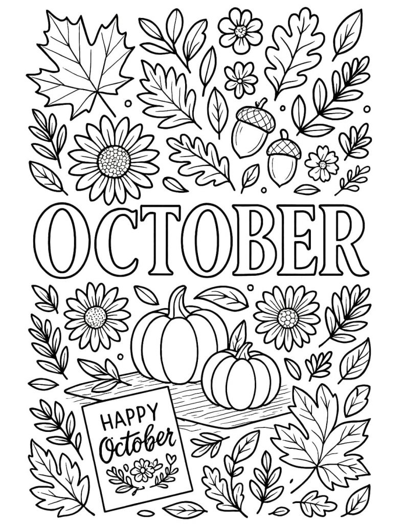 A decorative coloring page with the word "October" surrounded by autumn leaves, pumpkins, sunflowers, and acorns.