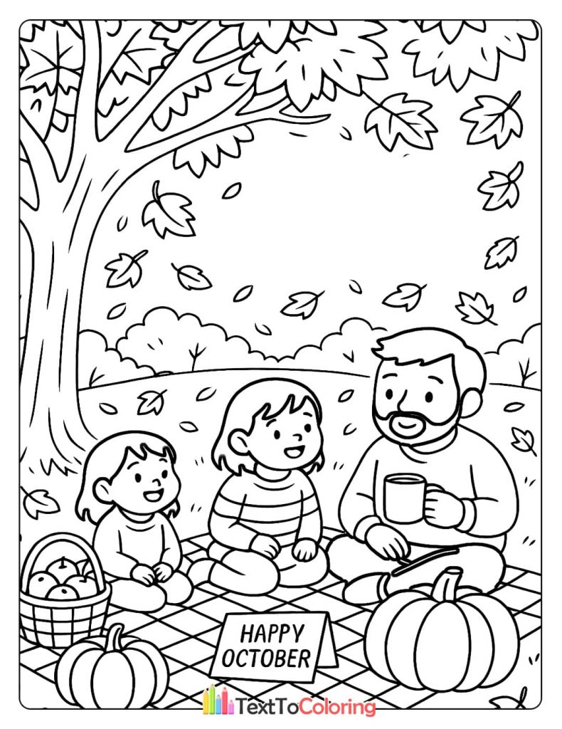 A family having a fall picnic under a tree, with pumpkins, a basket of apples, and falling leaves. A sign says "Happy October."