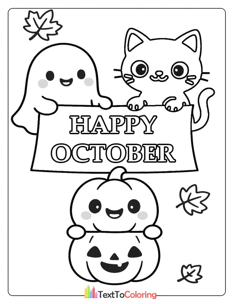 A cute ghost and a cat holding a sign that says "Happy October," with a smiling jack-o'-lantern below them.