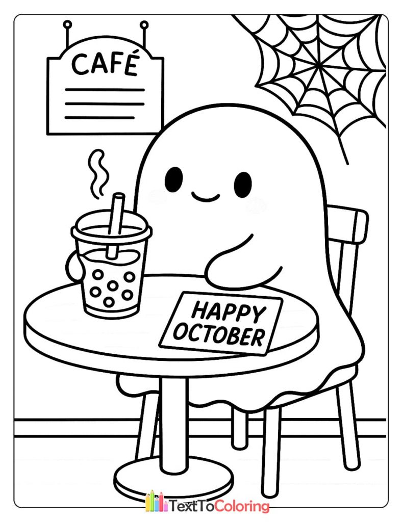 A friendly ghost sitting at a cafe table with a drink and a sign that says "Happy October." A spiderweb is in the corner.