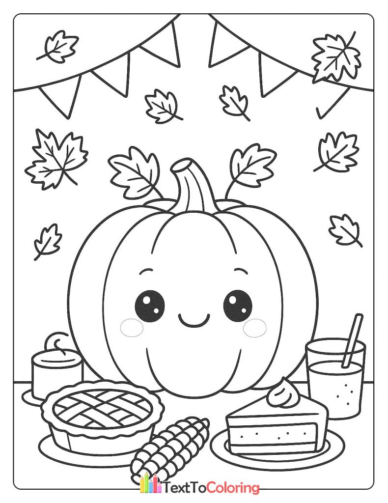 A cute pumpkin is smiling on a table with a slice of pie, corn, and drinks.