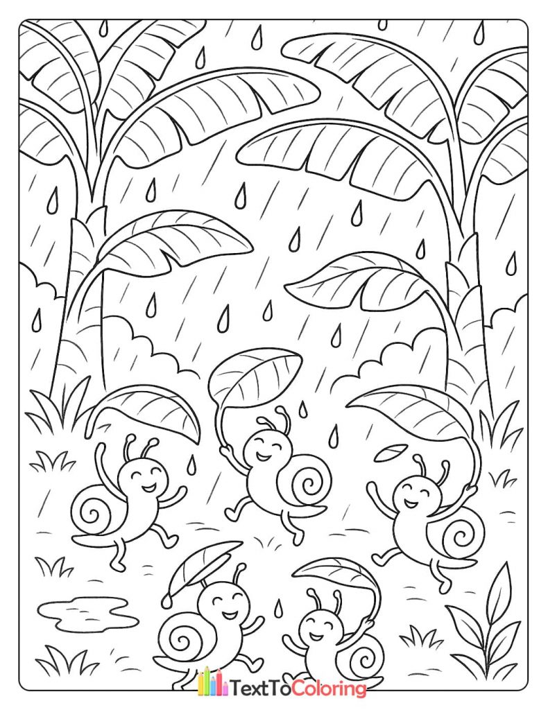 Fun coloring page of five snails using leaves as umbrellas while dancing in the rain.