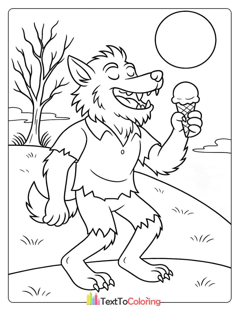 Friendly werewolf monster enjoying an ice cream cone under the moon