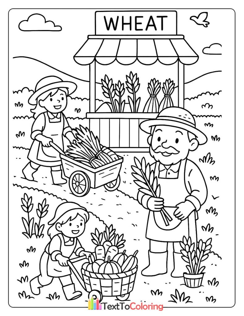 A printable coloring page of a family of farmers harvesting and selling wheat and vegetables near their market stand.
