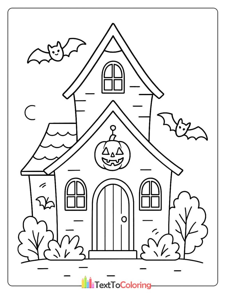 Cartoon haunted house with bats and pumpkin coloring
