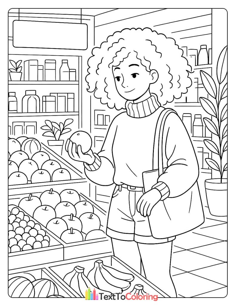 A young woman with curly hair is holding an orange while looking at a produce display in a mini-mart.