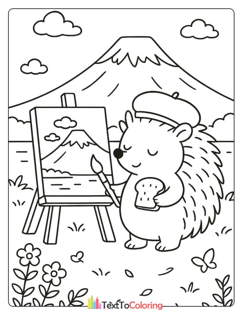 A hedgehog wearing a beret and holding a paintbrush and slice of bread, painting a picture of a mountain on a canvas.