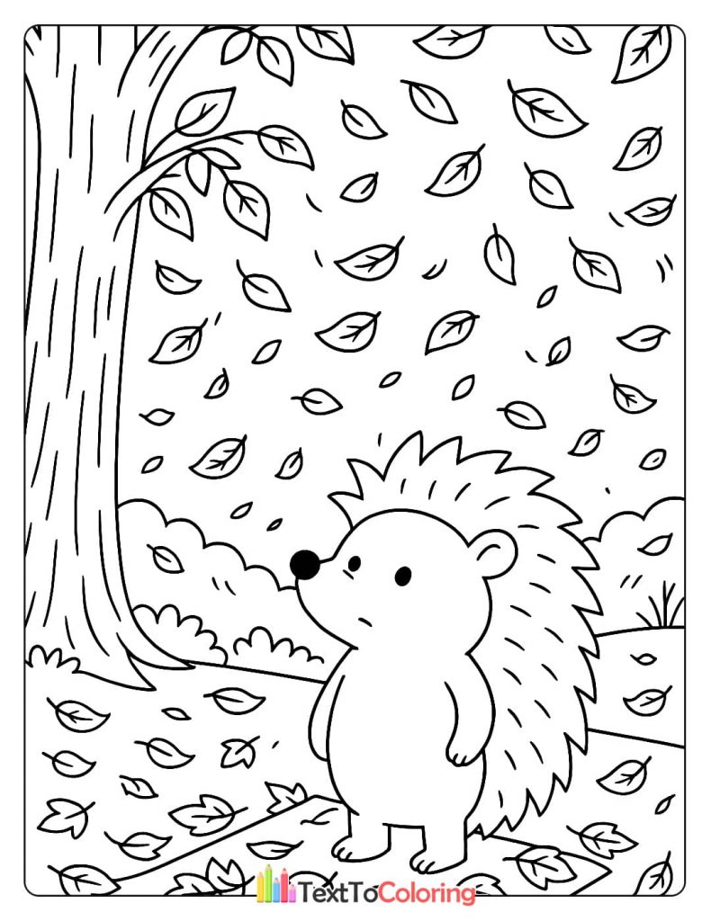 A cute hedgehog with a striped scarf, sitting in a pile of fallen autumn leaves and holding a leaf.