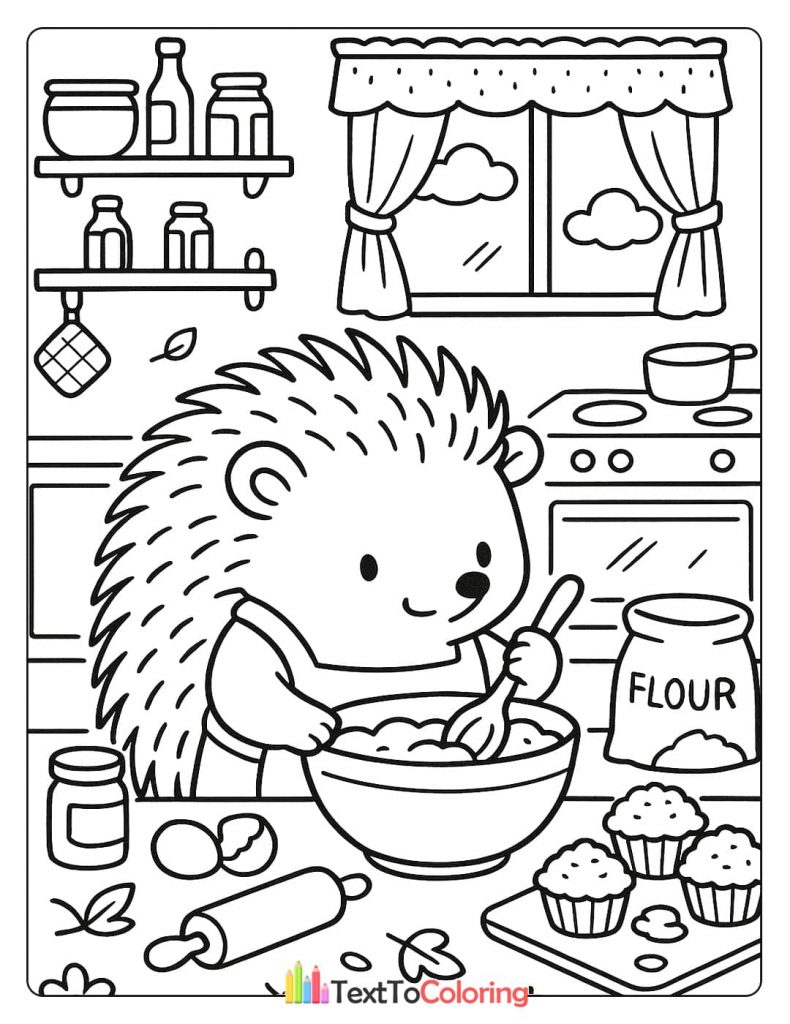 A cute hedgehog in a kitchen, mixing ingredients in a bowl to bake muffins, with flour and eggs nearby.