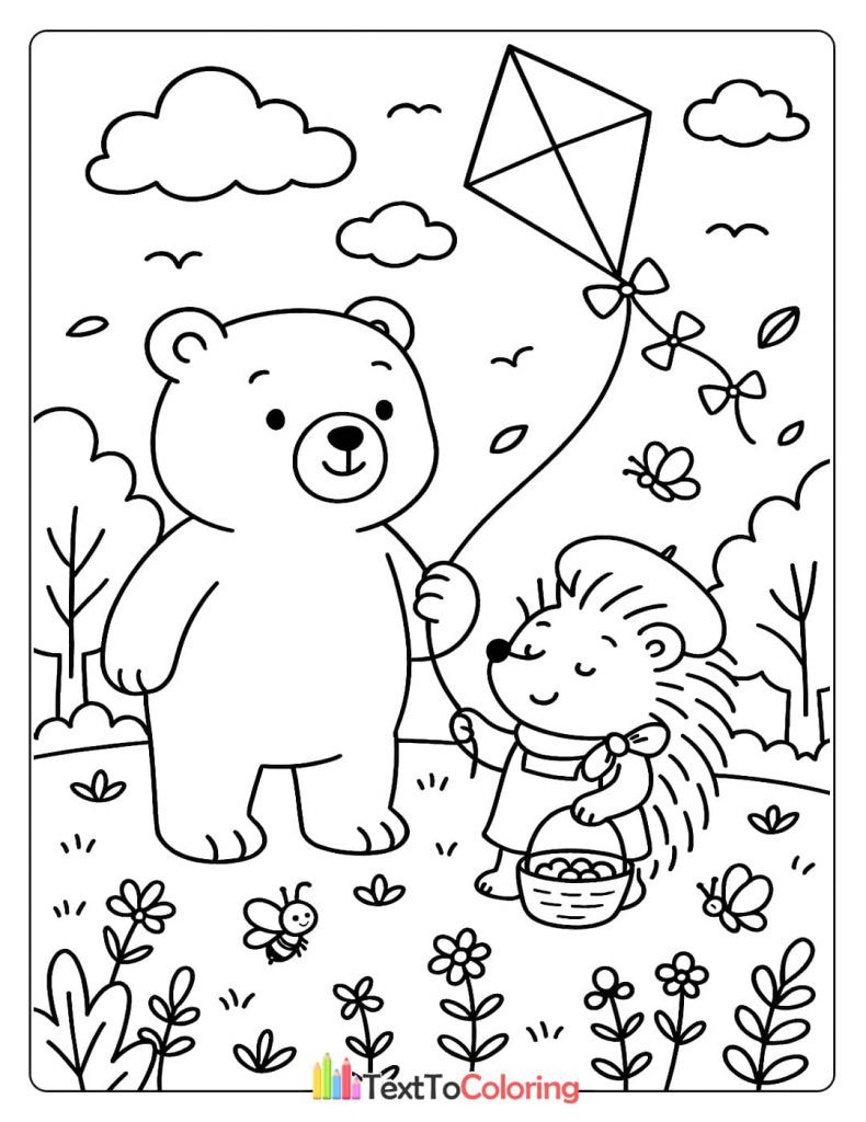 A cute hedgehog and a bear flying a kite together in a grassy field on a sunny day.
