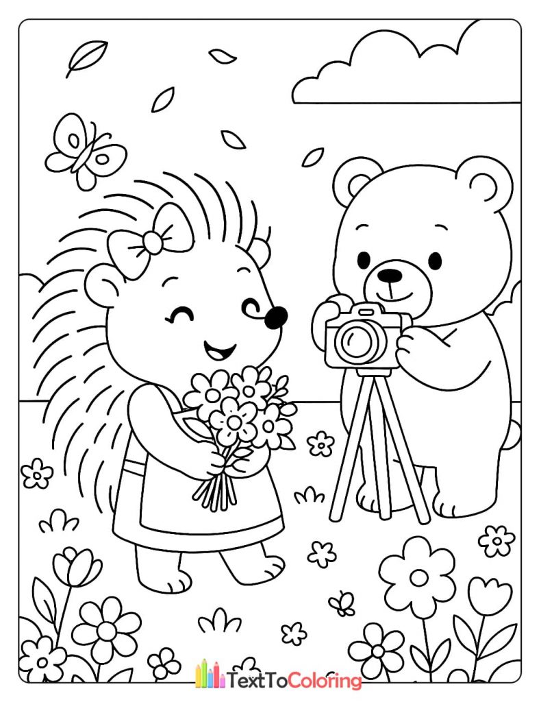 A happy hedgehog holding a bouquet of flowers while a bear takes its picture with a camera on a tripod.