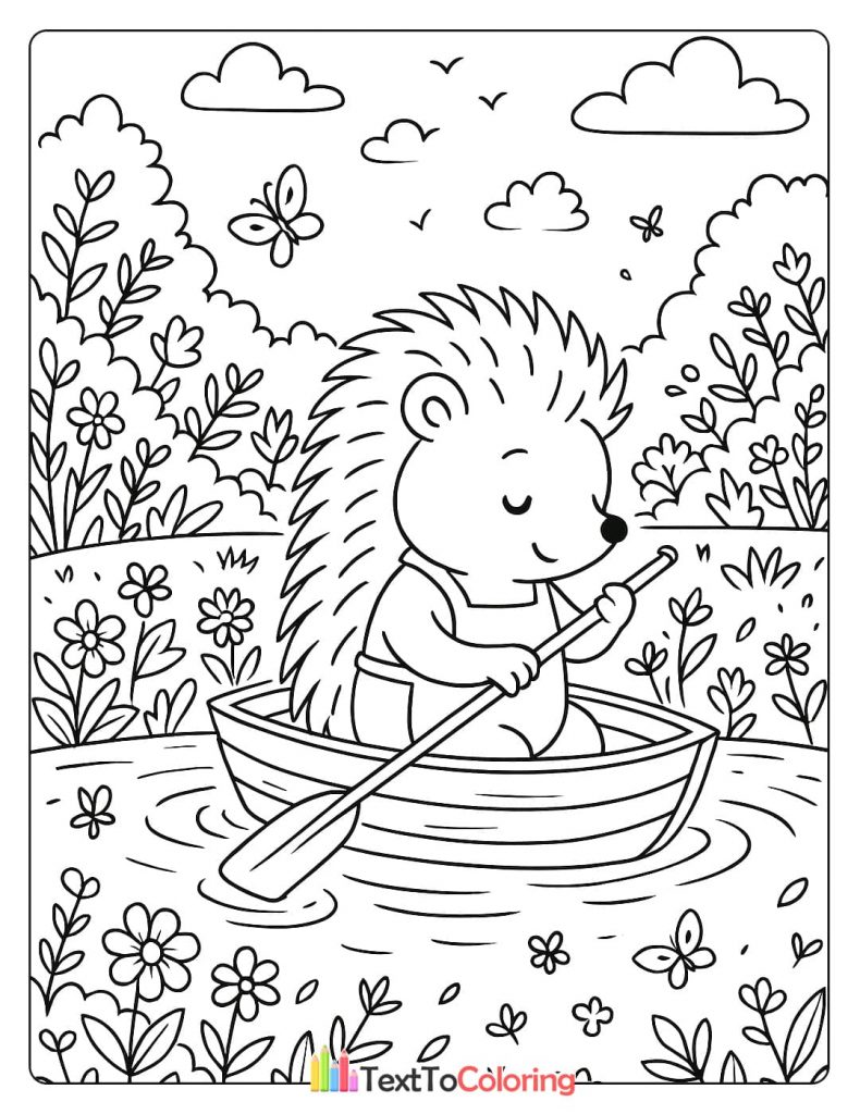 A cute hedgehog peacefully rowing a small boat on a calm river, surrounded by flowers and butterflies.