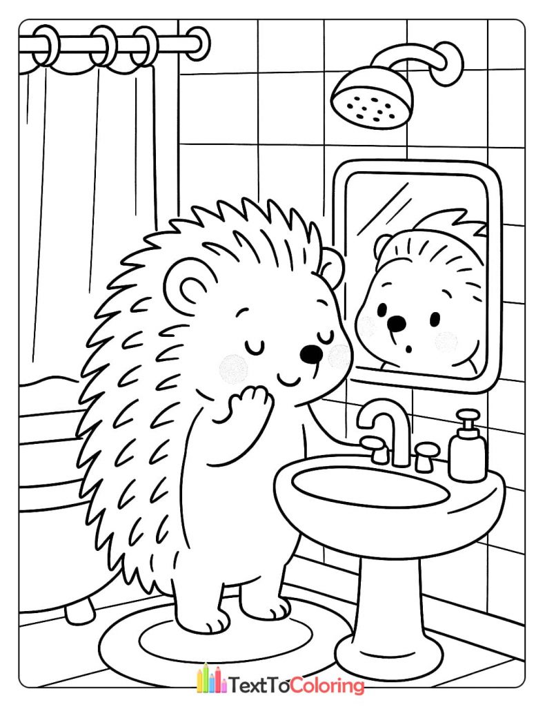 A happy hedgehog in a bathroom, smiling while brushing its teeth in front of a mirror with a toothbrush.