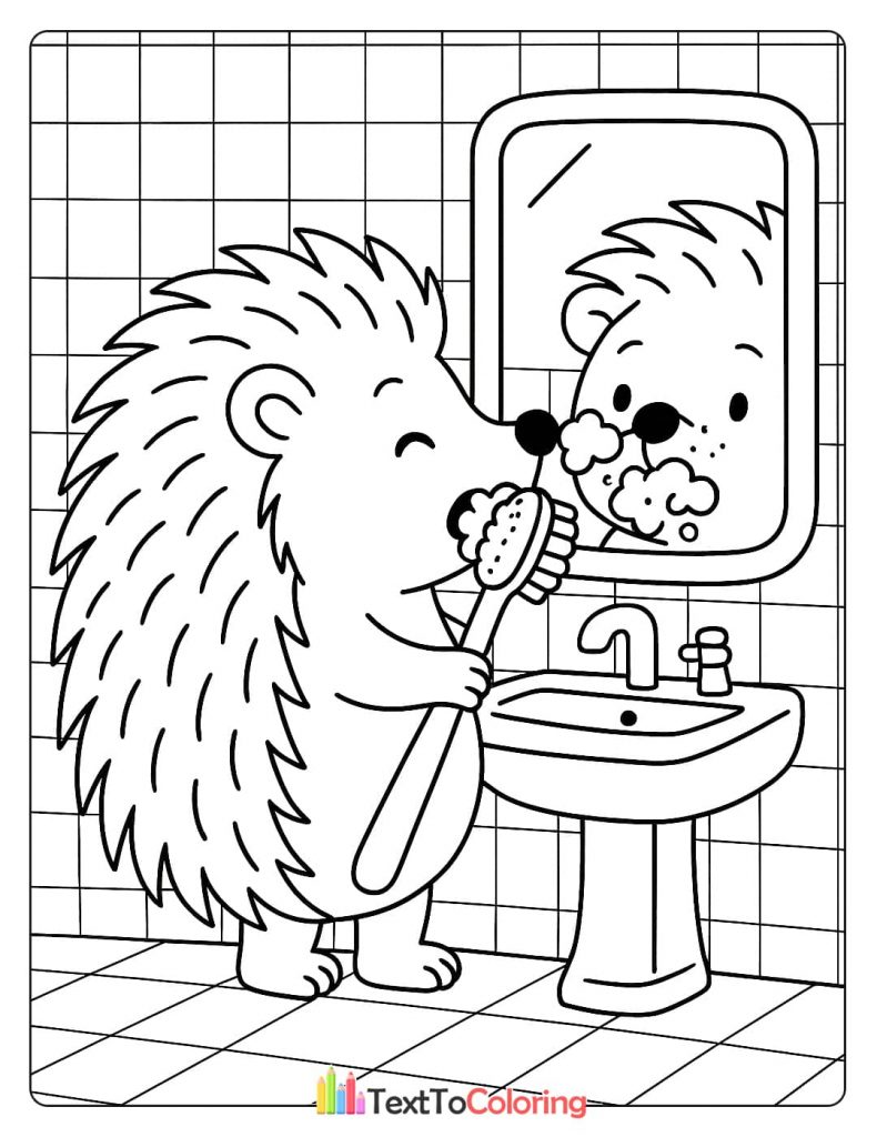 A happy hedgehog in a bathroom, smiling while brushing its teeth in front of a mirror with a toothbrush.