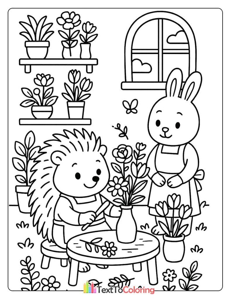 A hedgehog and a rabbit working together in a garden, arranging flowers in a vase on a small table.