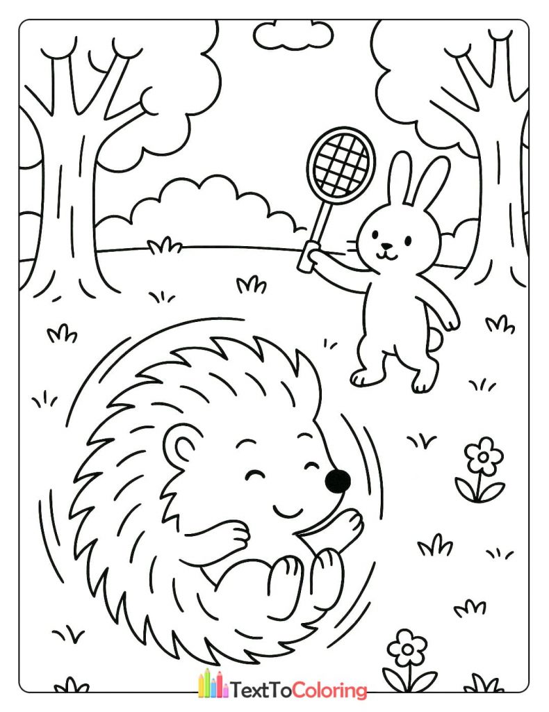 A playful bunny with a badminton racket and a hedgehog curled into a ball, playing a game together in a field.