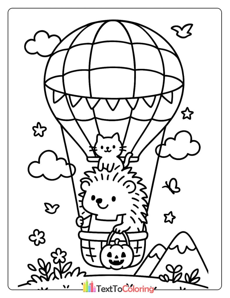 A cute hedgehog and a kitten in a hot air balloon basket, holding a pumpkin, with mountains and clouds in the background.