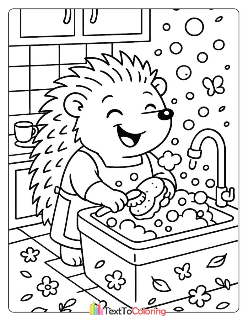 A happy hedgehog wearing an apron and smiling while washing dishes in a kitchen sink full of bubbles.