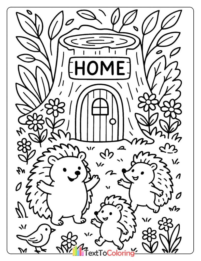A family of hedgehogs playing in front of their "HOME" in a tree stump, surrounded by flowers.