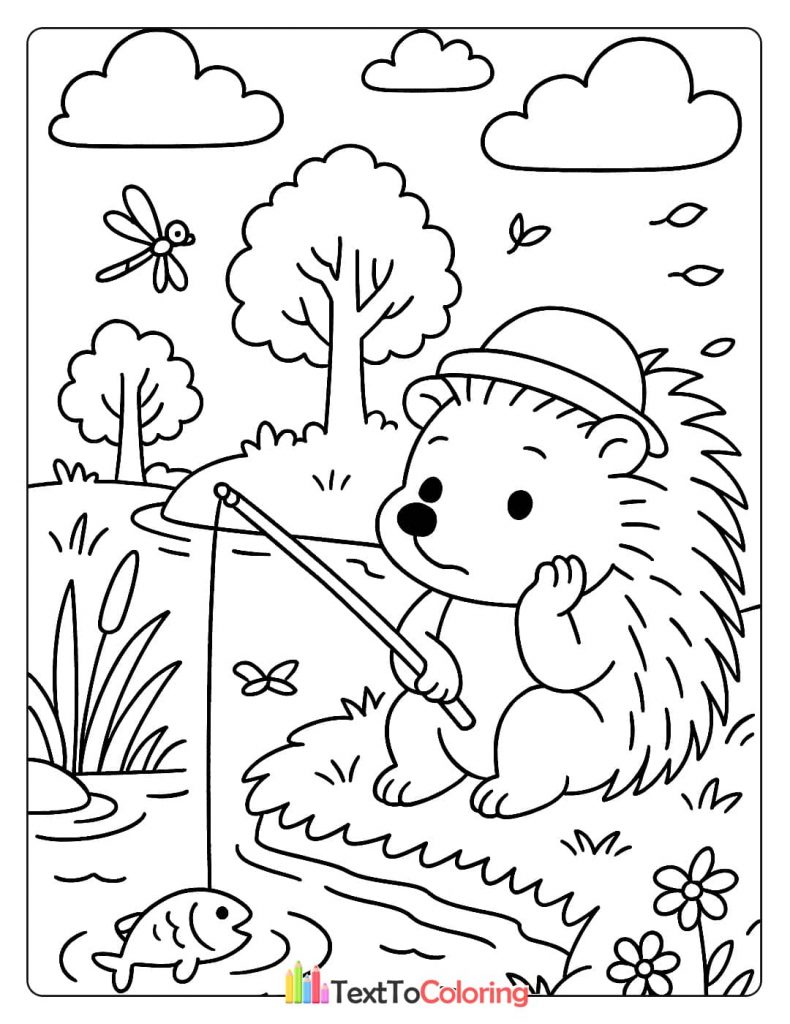 A calm hedgehog wearing a hat and fishing by a pond, with a fish looking up from the water and a dragonfly flying by.