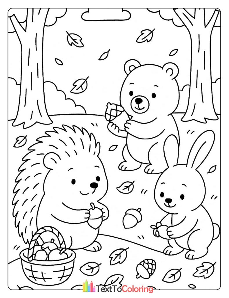 A hedgehog, a bear, and a bunny holding acorns with a basket of acorns nearby, in a forest with falling leaves.