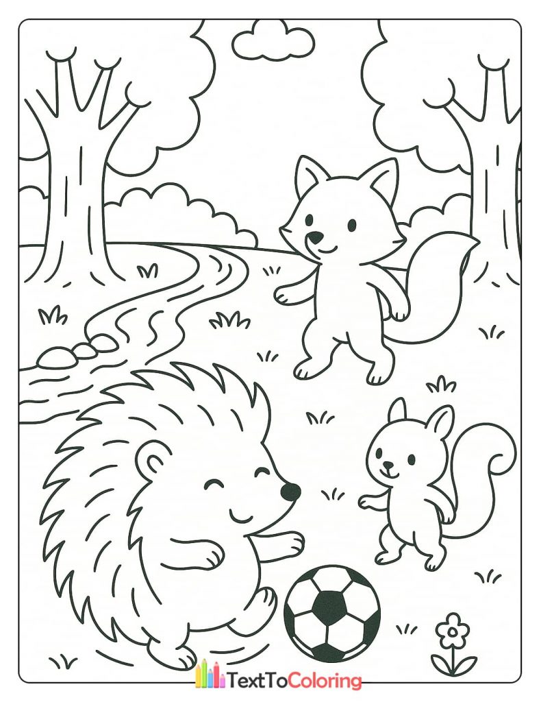 A hedgehog, a fox, and a squirrel playing soccer together with a ball in a grassy field.