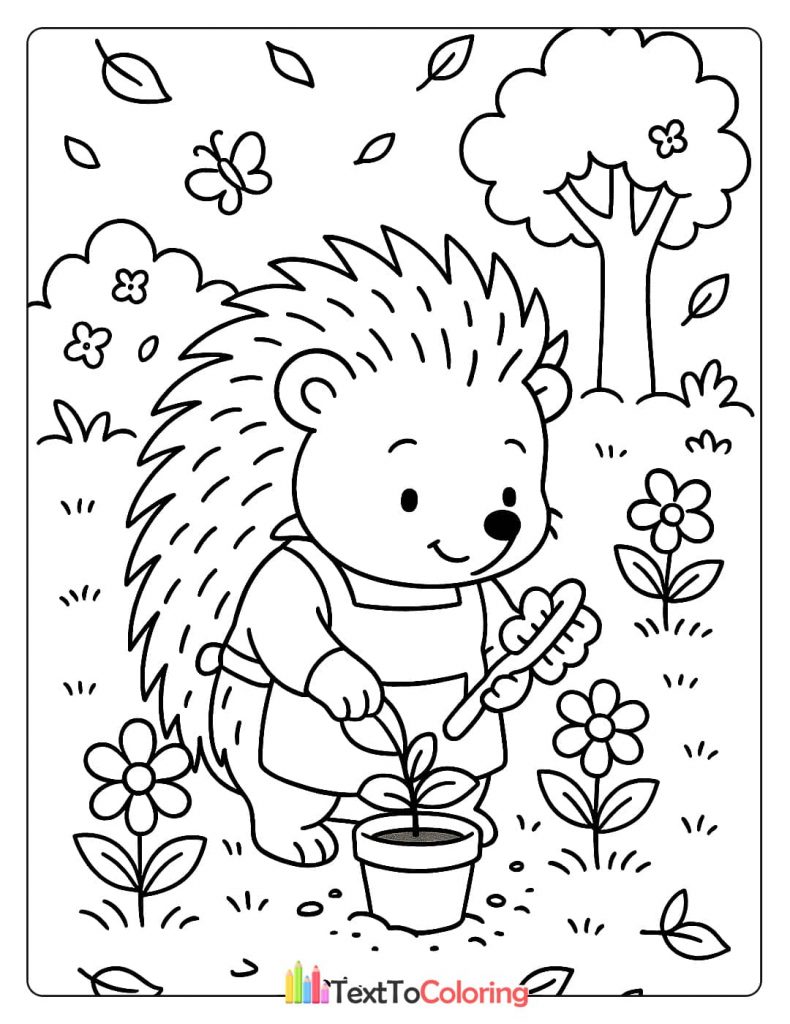 A sweet hedgehog wearing an apron and planting a small flower in a pot using a gardening tool.