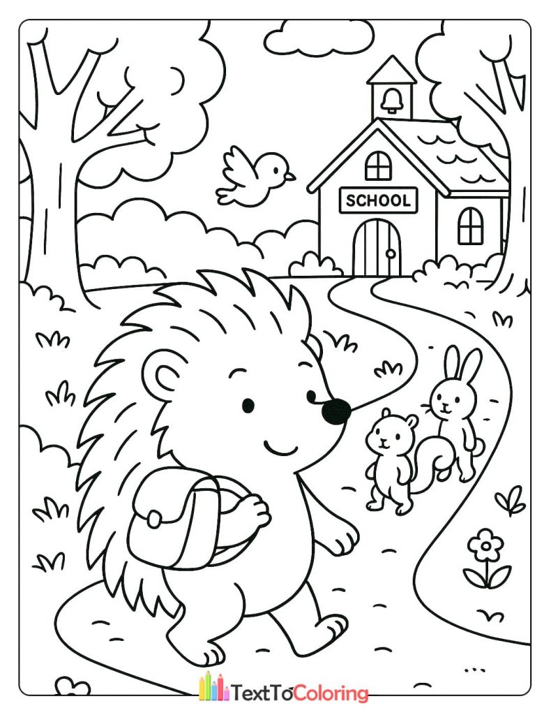 A cheerful hedgehog with a school bag, walking down a path with a squirrel and a bunny, heading towards a schoolhouse.
