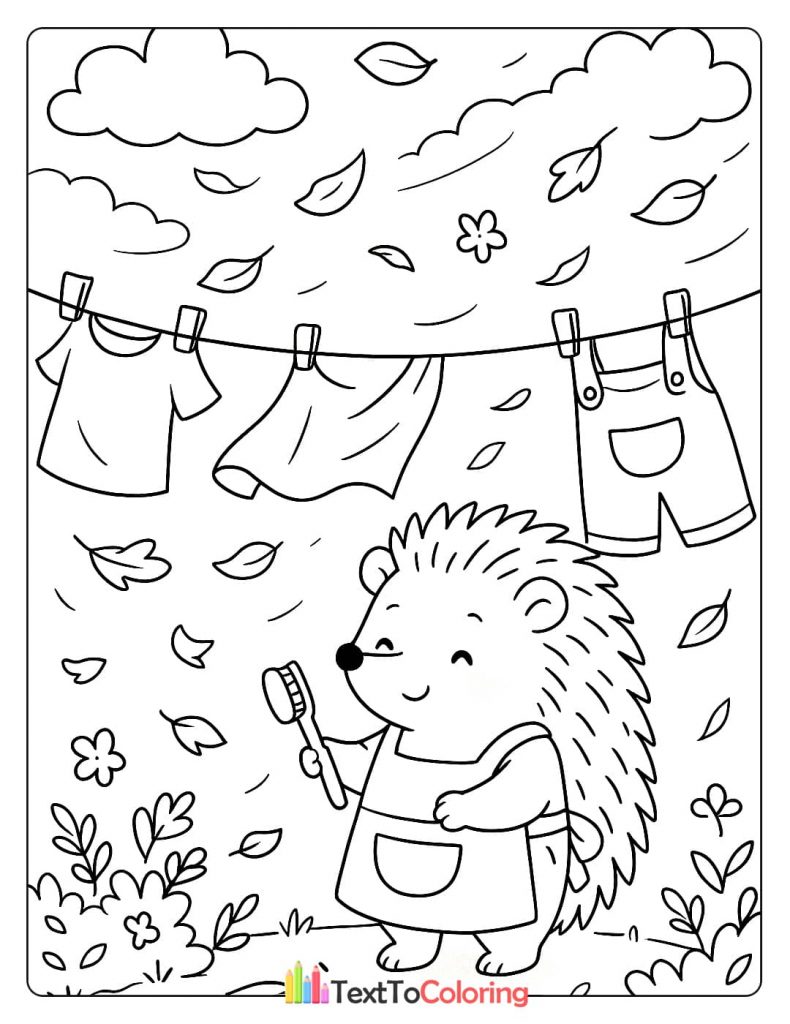 A smiling hedgehog hanging clothes on a clothesline with a brush in its hand, with leaves and flowers blowing in the wind.
