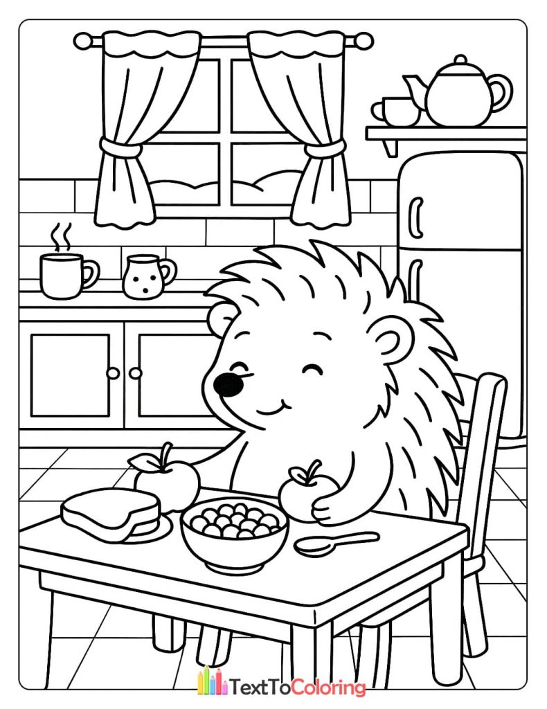 A happy hedgehog sitting at a kitchen table, eating a bowl of cereal and an apple, with a teapot and mugs nearby.