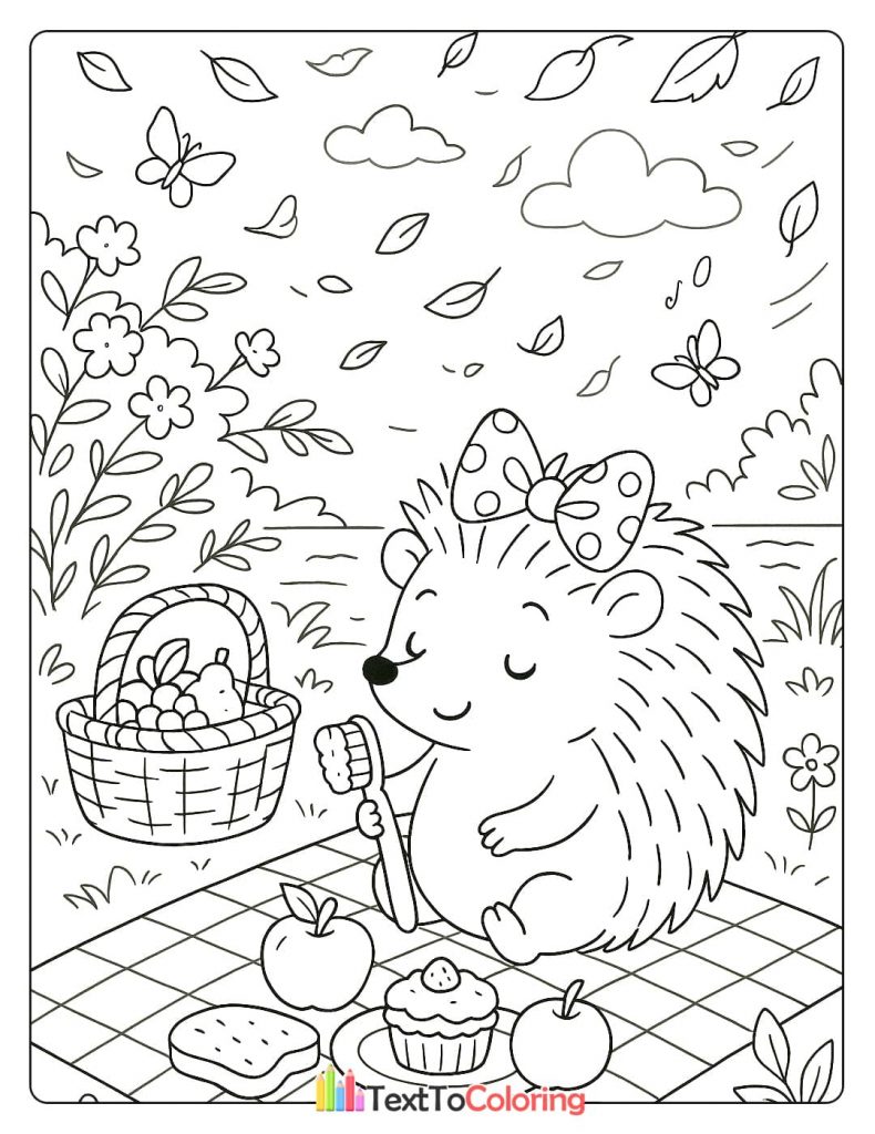 A sweet hedgehog with a bow on its head, enjoying a picnic with a basket of fruit and a cupcake on a checkered blanket.