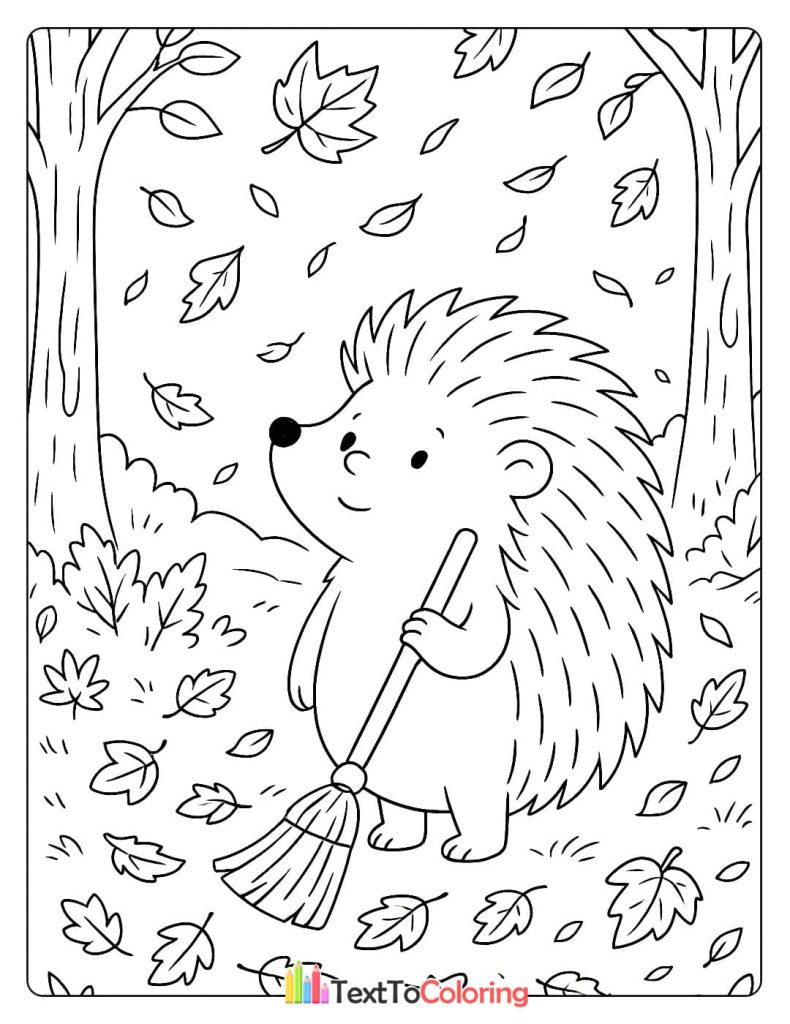 A cheerful hedgehog holding a broom and sweeping fallen autumn leaves in the forest.