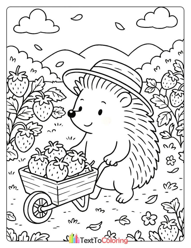 A happy hedgehog wearing a straw hat and pushing a wheelbarrow full of strawberries in a field of strawberry plants.