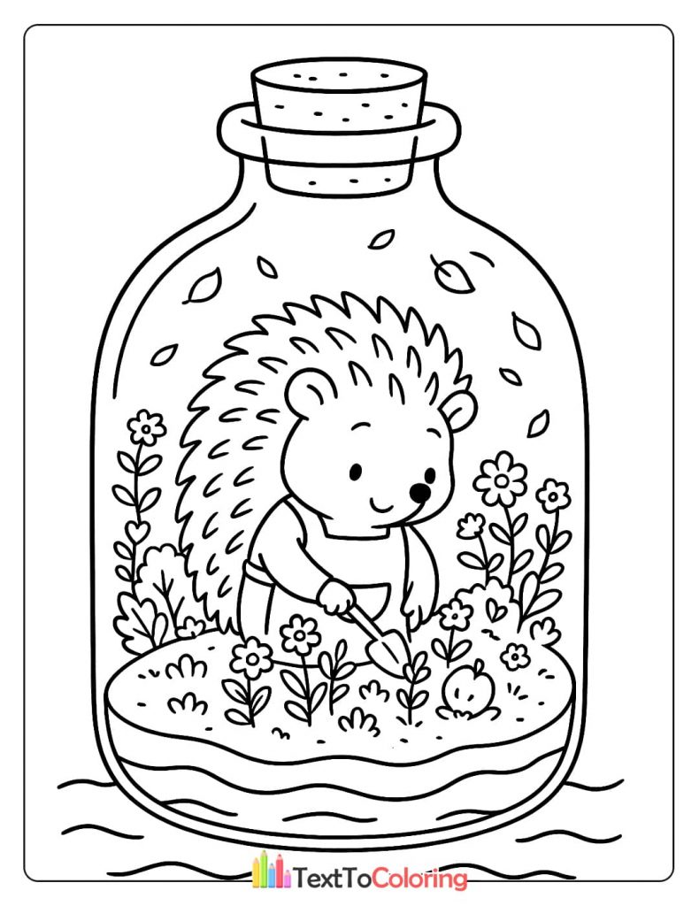A tiny hedgehog inside a glass bottle or terrarium, happily tending to a miniature garden with flowers and plants.