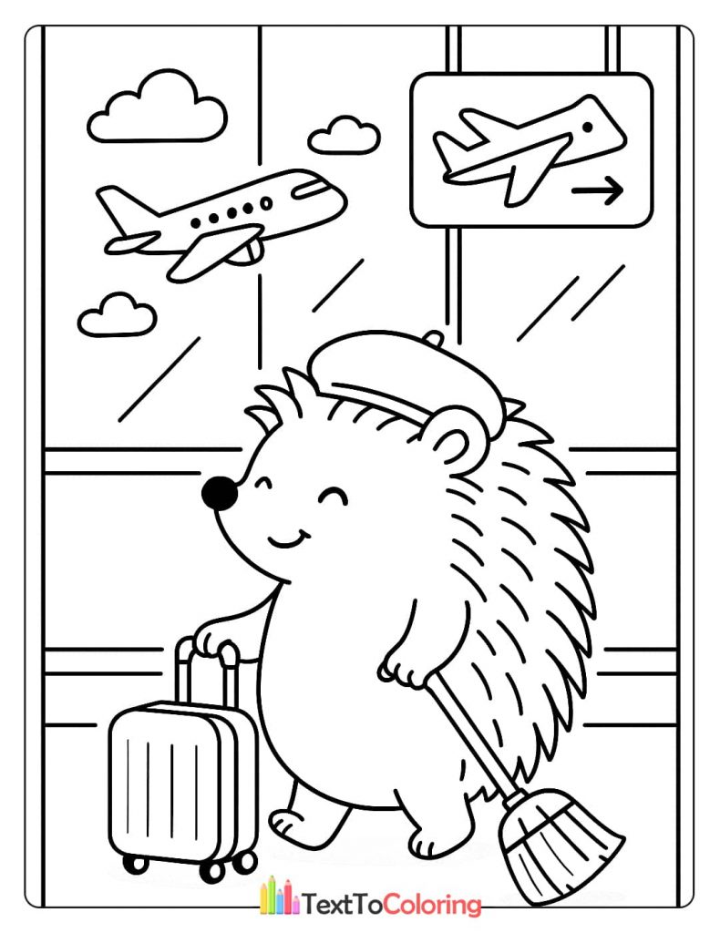 A happy hedgehog wearing a hat, pulling a suitcase through an airport, with an airplane flying in the background.