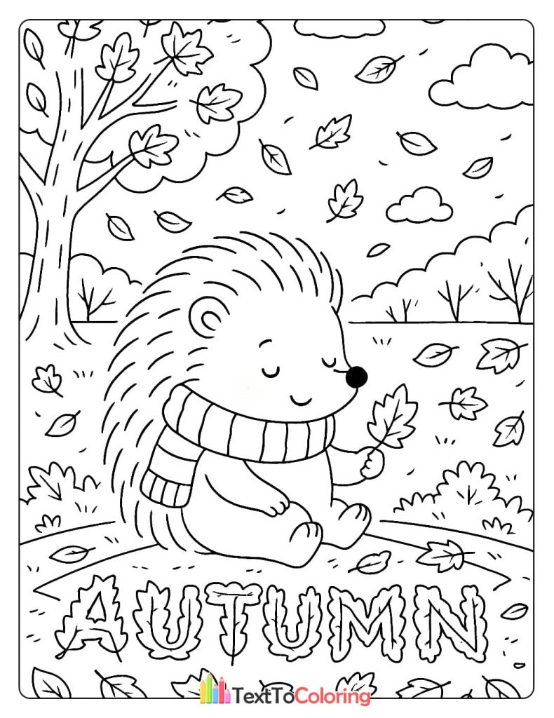 A thoughtful hedgehog standing under a large tree with leaves falling all around it on a sunny autumn day.
