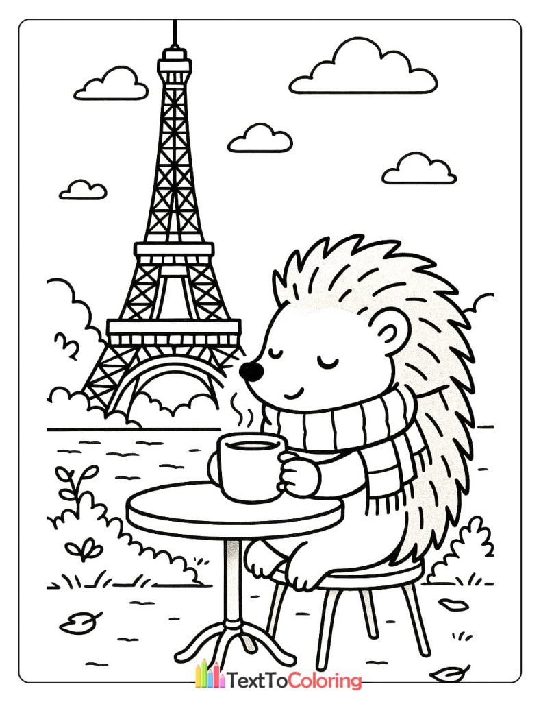 A chic hedgehog wearing a scarf, sipping coffee at an outdoor cafe with the Eiffel Tower in the background.