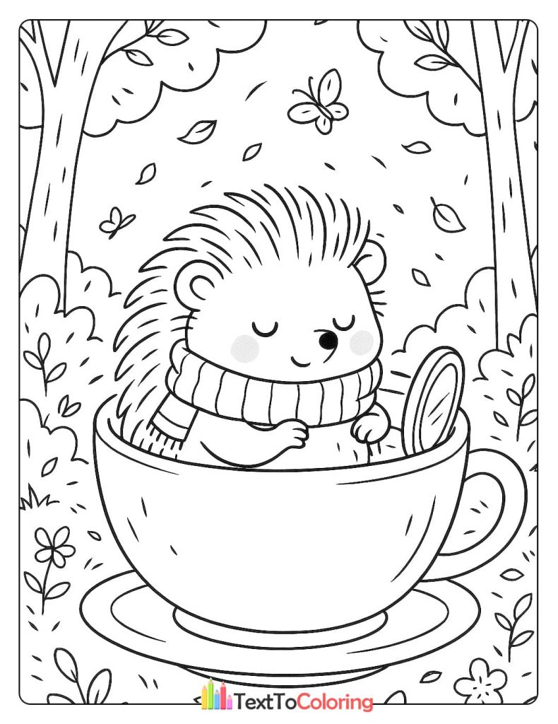 A cozy hedgehog with a scarf sitting inside a large teacup, surrounded by leaves and butterflies in a forest.