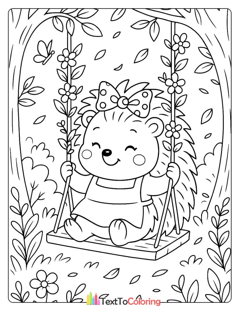 A cheerful hedgehog with a bow on its head, happily swinging from a wooden swing with a happy expression.