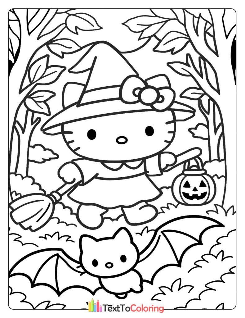 Hello Kitty dressed as a witch with a broom and a pumpkin bucket, standing in a forest with a bat.