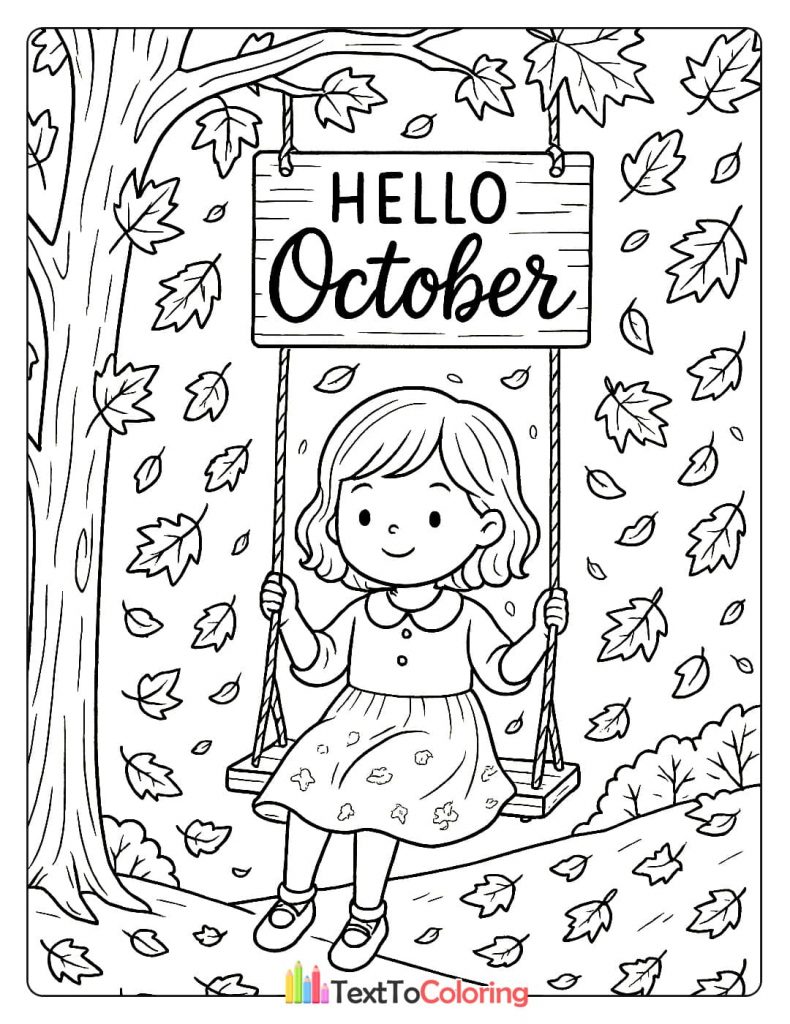 A cute girl on a swing under a tree, surrounded by falling autumn leaves. A sign above her reads "Hello October."