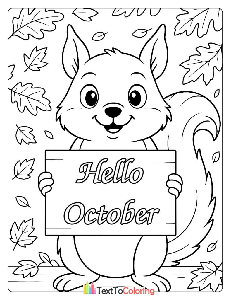 A cute squirrel holding a sign that says "Hello October," surrounded by falling autumn leaves.