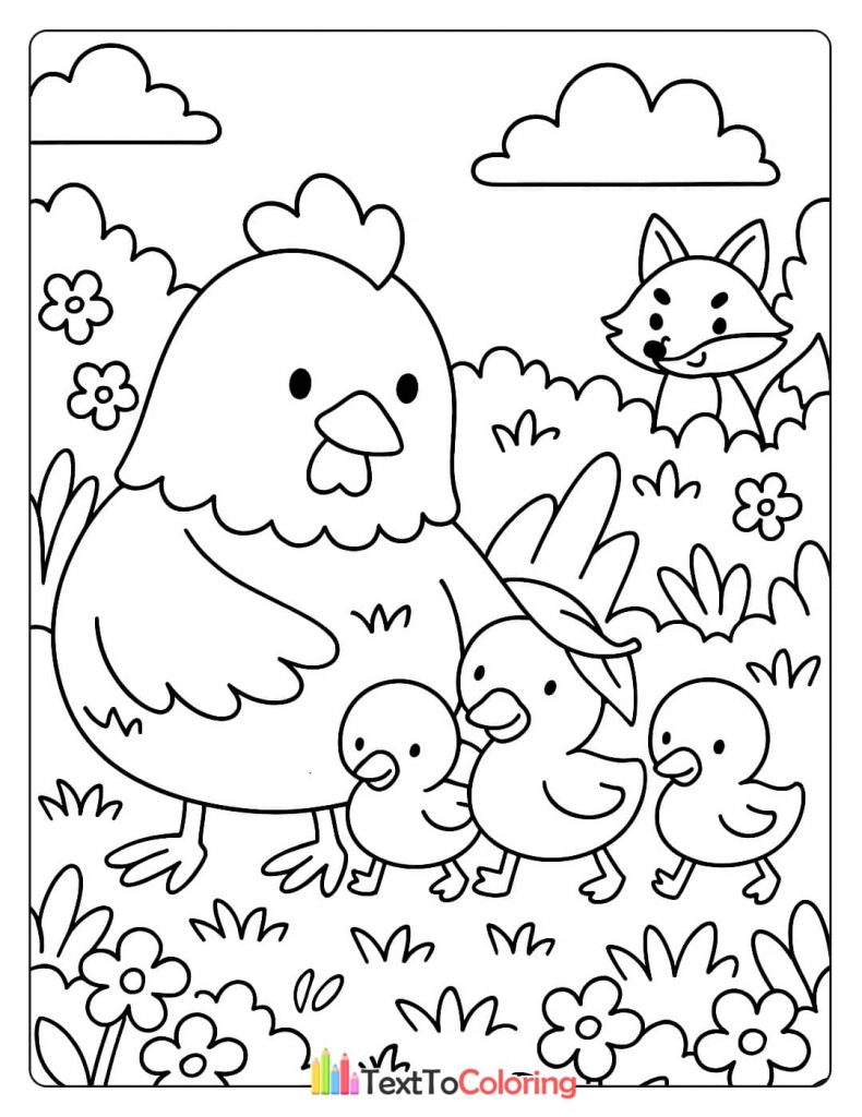 Farm-themed coloring page of a mother hen walking with her chicks, with a fox peeking from behind a bush.